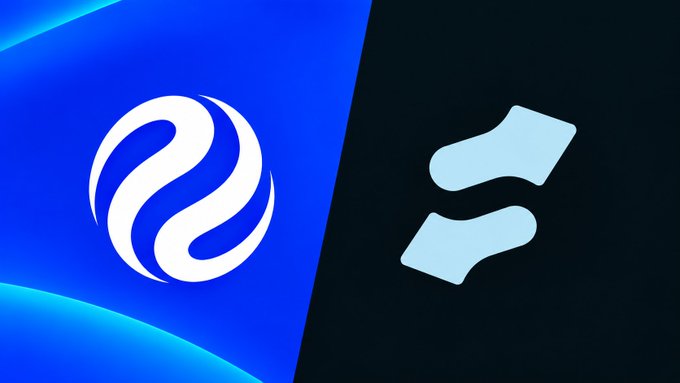 A blue and black split-screen image showing two stylized logos side by side.