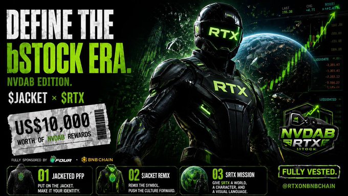 A promotional banner reading 'DEFINE THE bSTOCK ERA. NVDAB EDITION.' featuring an armored character with 'RTX' branding, advertising '$US$10,000 WORTH OF NVDAB REWARDS' and a 'FULLY VESTED' tag from '@RTXONBNBCHAIN'.