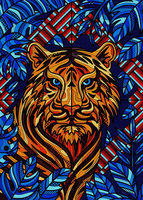 A vibrant, stylized illustration of a tiger's face rendered in bold geometric patterns, featuring striking orange and black stripes surrounded by blue and red foliage with tribal-like designs.