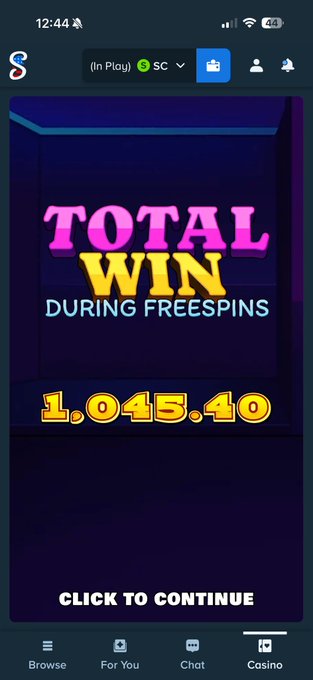 A mobile app screen displaying a slot game result with the text 'TOTAL WIN DURING FREESPINS 1,045.40' and 'CLICK TO CONTINUE' at the bottom.