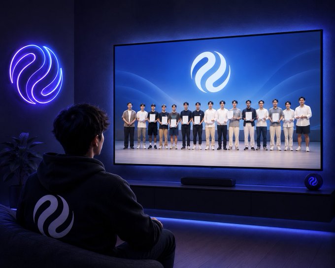 Person wearing a black Injective hoodie watching a screen displaying ten men holding certificates against a blue Injective-branded backdrop.