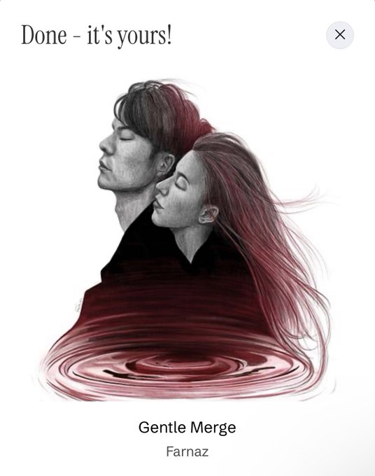 A digital artwork titled "Gentle Merge" by Farnaz showing two figures with closed eyes whose bodies blend into a rippling pool of dark red liquid, displayed with "Done - it's yours!" text.