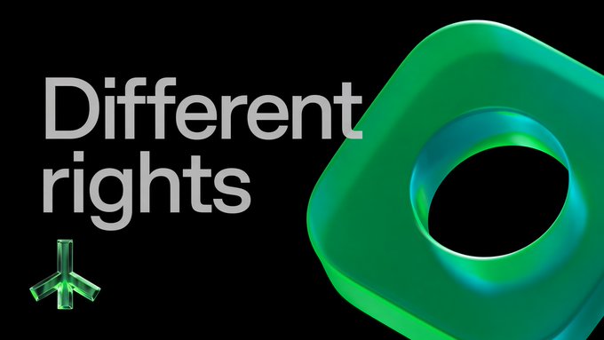 Black background with white text reading 'Different rights' and a small green symbol, accompanied by a 3D rendered green rounded square with a circular cutout.