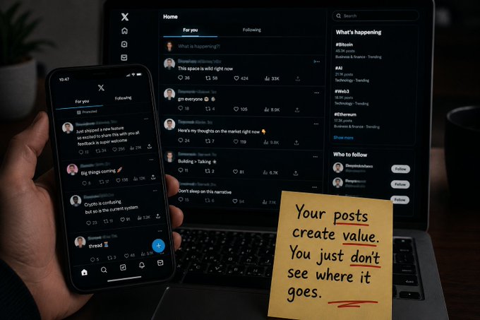 The image shows a person holding both a cell phone and a laptop computer, with the cell phone displaying a social media app that has a post about creating value for followers. The text on the post reads "Your posts create value, you just don't see where it goes". This message is accompanied by an illustration of a yellow sticky note placed next to the laptop screen.

The person holding the devices appears to be engaged in social media or online content creation and has been prompted with this reminder about the importance of creating valuable content for their followers.