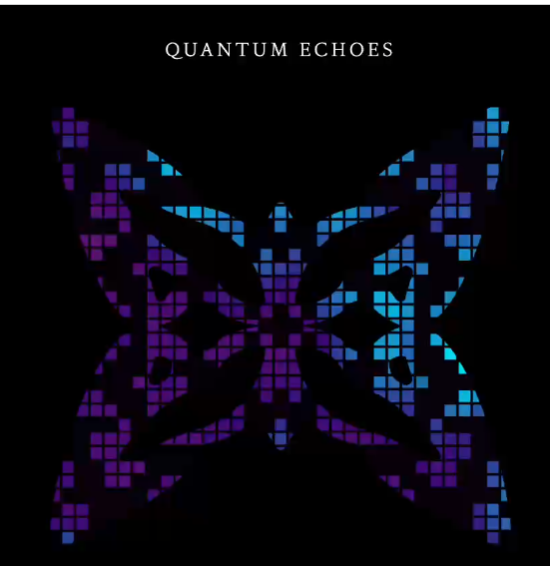 Album artwork titled 'QUANTUM ECHOES' featuring a butterfly design made of purple and blue pixelated squares against a black background.