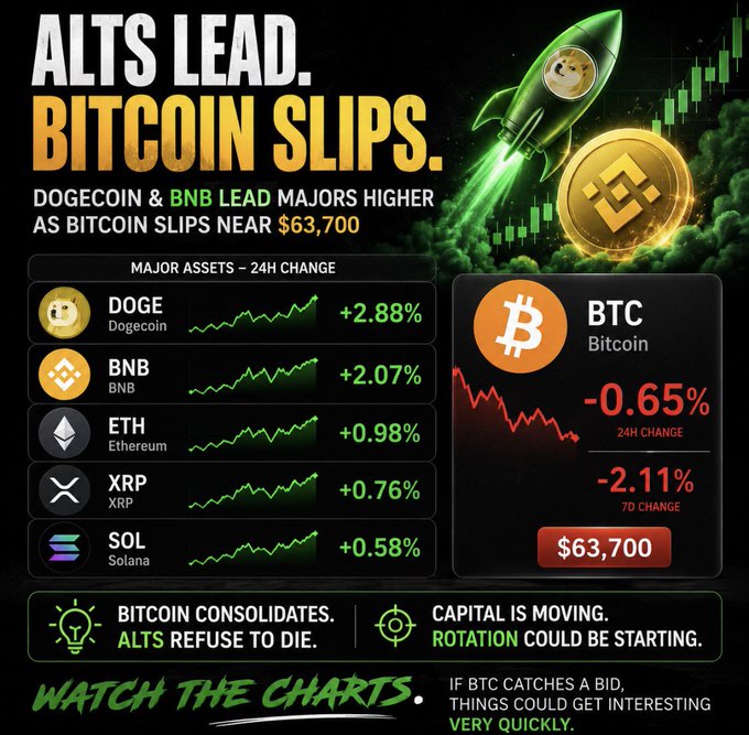 A crypto market infographic titled "ALTS LEAD. BITCOIN SLIPS." highlights that while Bitcoin dips 0.65% in 24 hours to $63,700, altcoins are rallying—Dogecoin (+2.88%), BNB (+2.07%), Ethereum (+0.98%), XRP (+0.76%), and Solana (+0.58%)—visually reinforcing the post's message of capital rotation away from Bitcoin into majors and alts despite BTC's weakness.