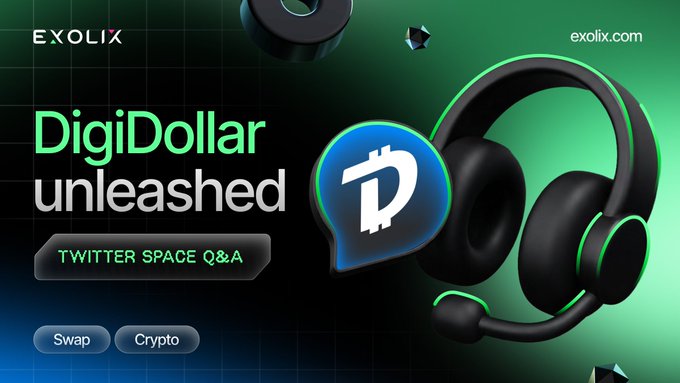 Exolix promotional banner for 'DigiDollar unleashed' Twitter Space Q&A event, featuring the DigiByte logo with a speech bubble and 3D headphones imagery.