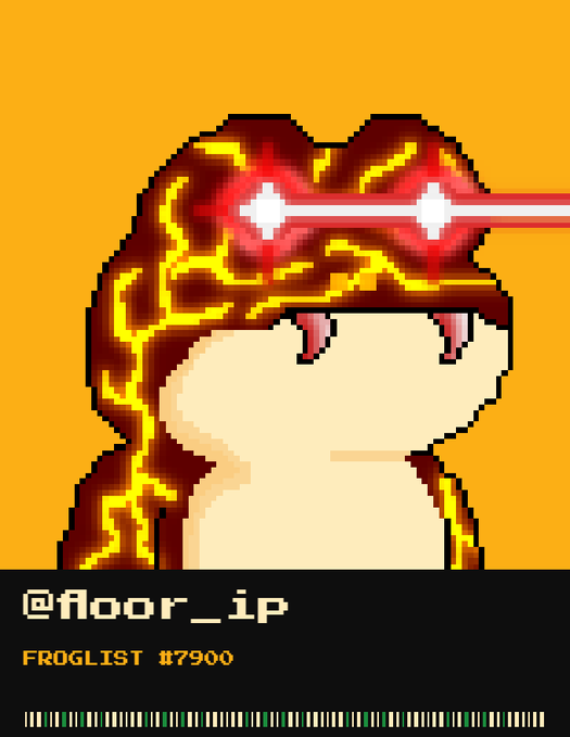 A pixel art frog with glowing red laser eyes and lava-like patterns is displayed on an orange background, featuring the handle "@Roor_ip" and "FROGLIST #7900" text at the bottom. The fiery, intense design ties into the post's giveaway for 10 @zecfrogs NFTs, where the dramatic frog imagery represents the fiery "ZEC Frogs" collectibles being offered as prizes.