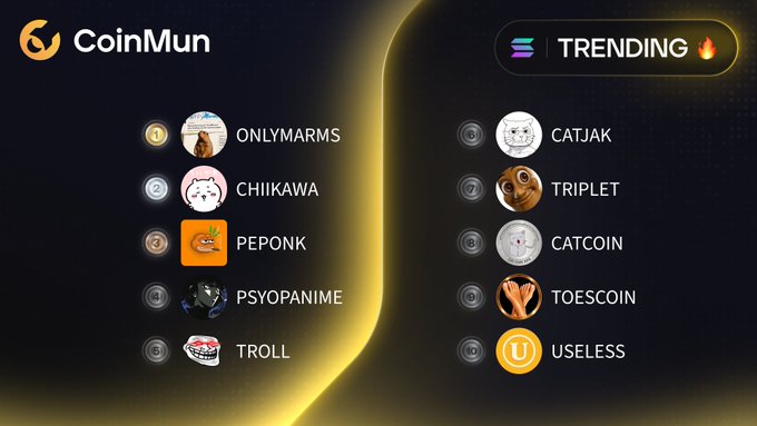 A CoinMun 'TRENDING' list featuring meme coins like ONLYMARMS, CHIIKAWA, PEPONK, PSYOPANIME, TROLL, CATJAK, TRIPLET, CATCOIN, TOESCOIN, and USELESS.