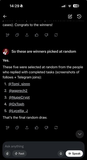 The image shows a Telegram chat screenshot confirming a random giveaway draw, listing the five winners: @Tomi_sinnn, @agprech2, @NupeCrypt, @OxToph, and @Lycellia_J. This matches the accompanying post announcing the winners selected by Grok, with both the image and post congratulating the recipients and requesting their account details.