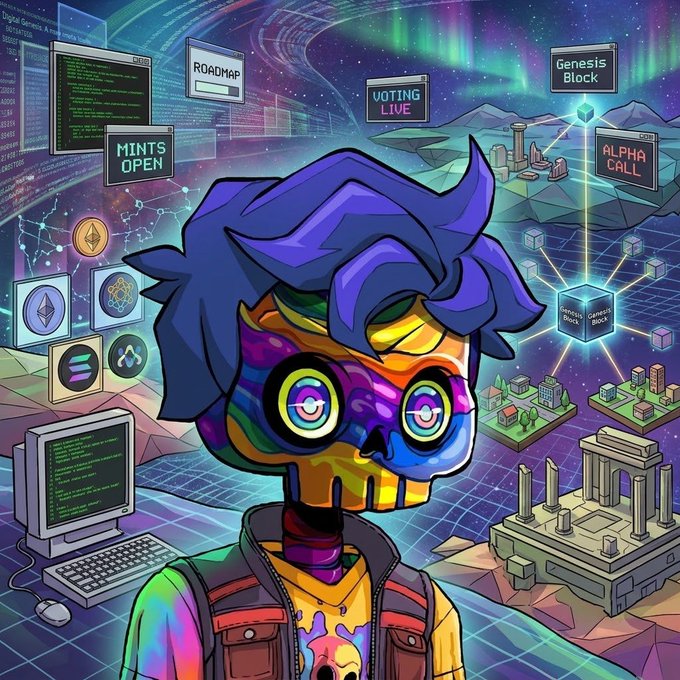 A colorful digital illustration of a rainbow-patterned skull character wearing a purple cap and vest, surrounded by floating tech panels labeled 'ROADMAP', 'VOTING LIVE', 'Genesis Block', 'MINTS OPEN', and 'ALPHA CALL' against a cosmic background.