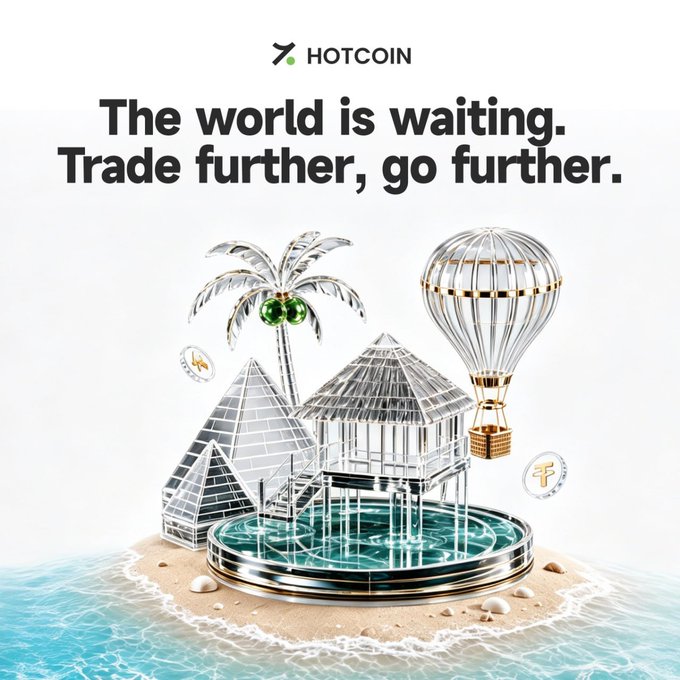 A promotional Hotcoin ad featuring a 3D-rendered tropical island scene with glass pyramids, a palm tree, and a hot air balloon on a sandy shore, paired with the tagline "The world is waiting. Trade further, go further." The visual ties into the campaign's offer of travel fund prizes (Maldives, Türkiye, Egypt, Indonesia) and a 100,000 USDT prize pool for futures traders, illustrating the dream destinations and global opportunities tied to trading on the platform.