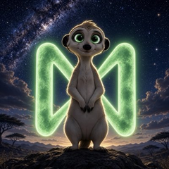 A 3D-rendered meerkat stands on a rock beneath a starry night sky, framed by a glowing green neon "M" logo on either side. The mascot represents $NEARKAT, a community-driven meme project on the NEAR blockchain, as referenced in the accompanying text.