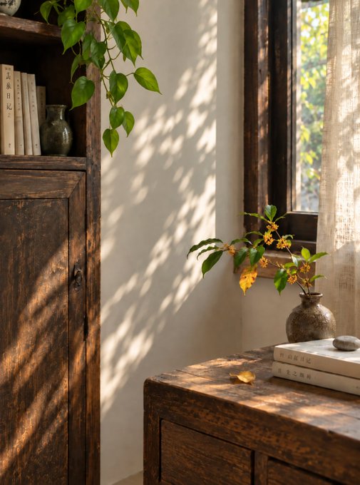 A serene, rustic interior scene features a dark wooden cabinet and side table adorned with books, a small ceramic vase with delicate yellow flowers, and trailing green vines, all bathed in dappled sunlight from a window.