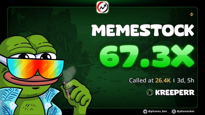 A promotional graphic for the meme coin MEMESTOCK showing a 67.3X return, called at 26.4K, featuring a Pepe the Frog character wearing sunglasses and smoking a cigar, tagged @phanes.bot.