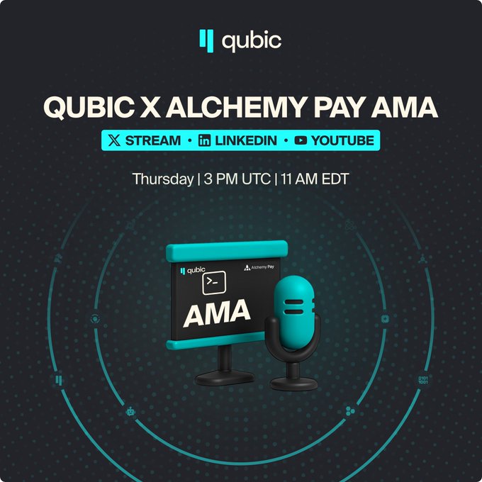 A promotional graphic for the "QUBIC X ALCHEMY PAY AMA" event, scheduled for Thursday at 3 PM UTC / 11 AM EDT, streaming live on X, LinkedIn, and YouTube, featuring a stylized microphone and screen displaying "AMA" against a dark tech-themed background with the Qubic logo. Note: There is a discrepancy between the image, which displays "Thursday," and the post text, which states "Tuesday."