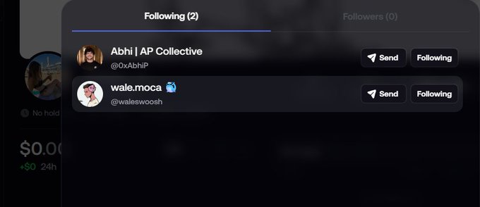 A social media 'Following (2)' tab showing two accounts: 'Abhi | AP Collective (@0xAbhiP)' and 'wale.moca (@waleswoosh)'.