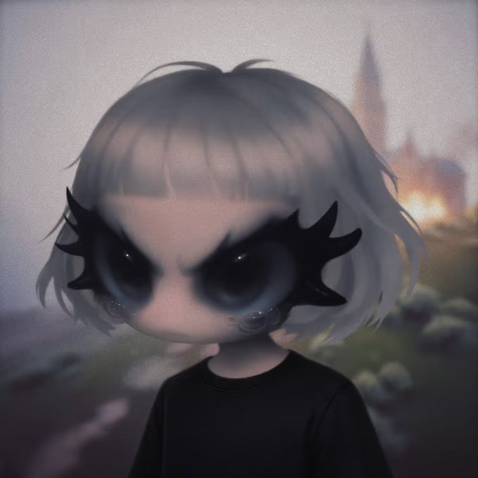 A stylized digital illustration shows a character with large, dark, dramatic eyes with spiky lashes, short pale hair, and a black shirt, set against a soft, blurred background of a castle and sheep.