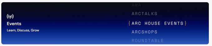 The image displays a dark blue navigation bar for "Events" with the tagline "Learn, Discuss, Grow," featuring a menu on the right where "{ ARC HOUSE EVENTS }" is highlighted.