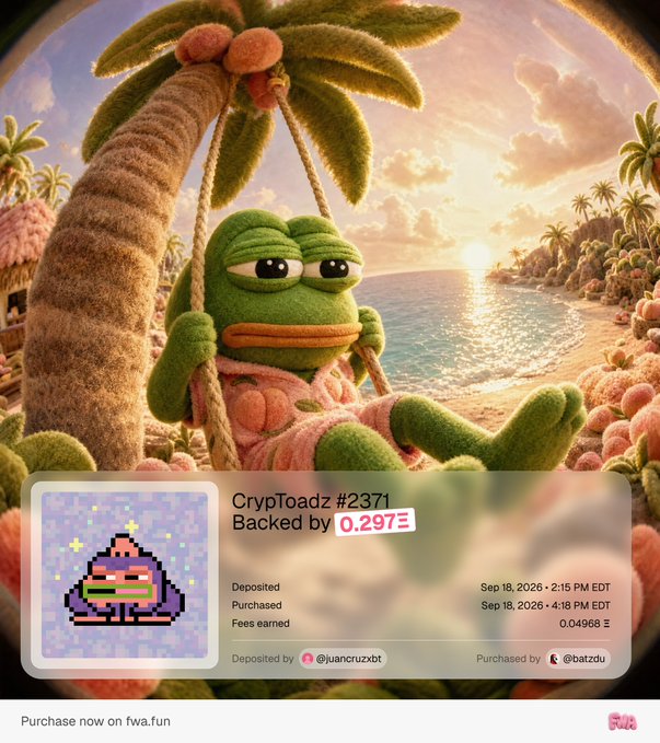 A 3D-rendered green frog character relaxing on a rope swing in a tropical beach setting, advertised as 'CrypToadz #2371' with transaction details deposited by @juancruzbt and purchased by @batzdu.