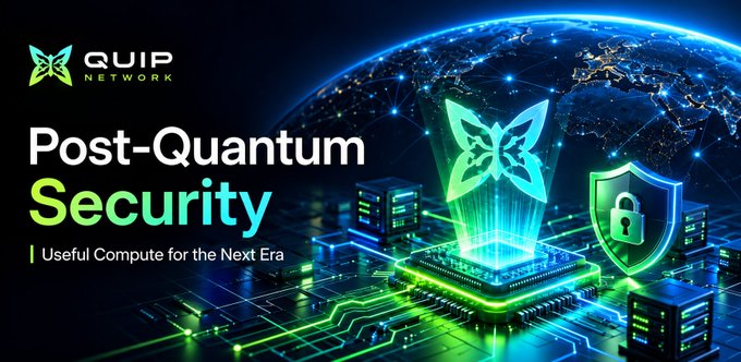 An advertisement for QUIP NETWORK features the text 'Post-Quantum Security' and 'Useful Compute for the Next Era' alongside futuristic imagery of Earth, a chip, and a shield.