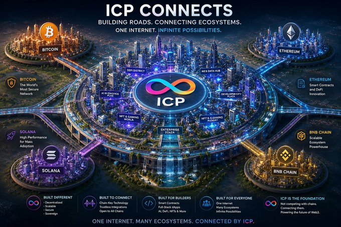 A futuristic cityscape infographic titled 'ICP CONNECTS' showcasing the Internet Computer Protocol connecting Bitcoin, Ethereum, Solana, and BNB Chain ecosystems.