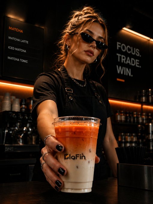 A stylish barista with sunglasses and a dark apron holds out an iced coffee with a layered orange-and-cream gradient, featuring the "BloFin" logo on the cup. The scene is set in a moody café with a "MATCHA" menu board and a "FOCUS. TRADE. WIN." sign, playfully tying the coffee shop vibe to the BloFin brand.