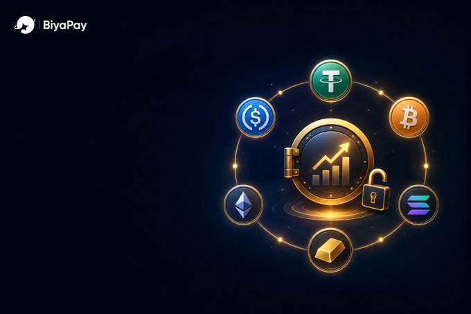A promotional image for 'BiyaPay' featuring cryptocurrency icons (USDC, Tether, Bitcoin, Ethereum, Solana) orbiting a central vault with a growth chart and unlocked padlock.