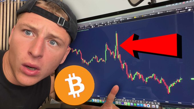 entsiht is a person wearing a cap and standing in front of a computer screen that displays a cryptocurrency price chart, specifically Bitcoin, with an arrow pointing to a downward trend. The caption provided by the post asks "This is why #bitcoin dumped... Watch now: youtu.be/LusBdAFM27g".