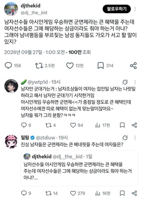 A Korean social media thread from user 'djthekid' dated '2026년 09월 27일' discusses male fans donating large sums to female idols, receiving 100 likes.