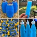 A collage shows blue sports drinks in bottles, with the powder mix and filled bottles displayed.
