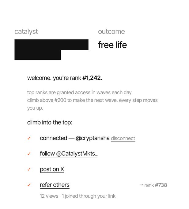 A screen showing a 'catalyst' reward page for 'free life' with user ranked #1,242, listing completed tasks like connecting to @cryptansha, following @CatalystMkts_, posting on X, and referring others (12 views, rank #738).
