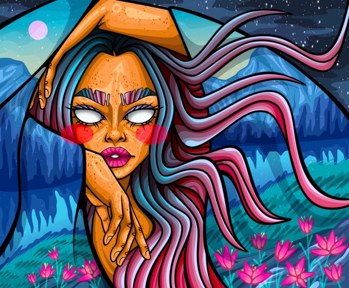 A vibrant digital illustration shows a woman with flowing pink and blue hair, a starry background, and pink lotus flowers.