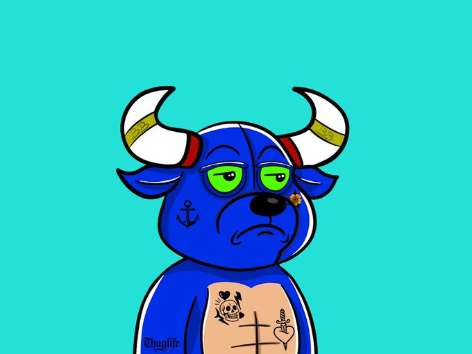 A cartoon-style digital illustration of a blue bull character with horns, a nose ring, an anchor tattoo, and a "Thug Life" shirt featuring a skull design, signed "Thuglife" at the bottom.