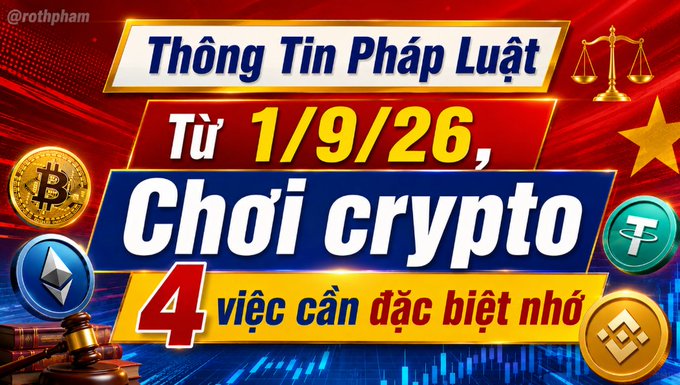 A Vietnamese graphic with text 'Thông Tin Pháp Luật Từ 1/9/26, Chơi crypto 4 việc cần đặc biệt nhớ' (Legal Information from 1/9/26, Playing crypto 4 things to especially remember) featuring Bitcoin, Ethereum, Tether and BNB logos.