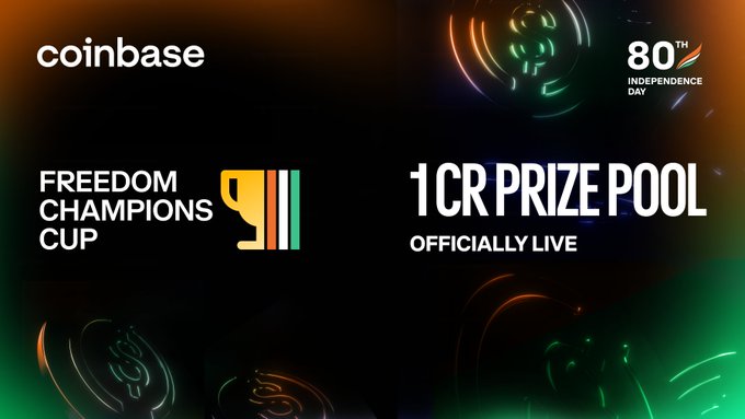 A promotional graphic for the 'Coinbase Freedom Champions Cup' announcing a '1 CR PRIZE POOL OFFICIALLY LIVE' alongside a '80TH INDEPENDENCE DAY' logo.