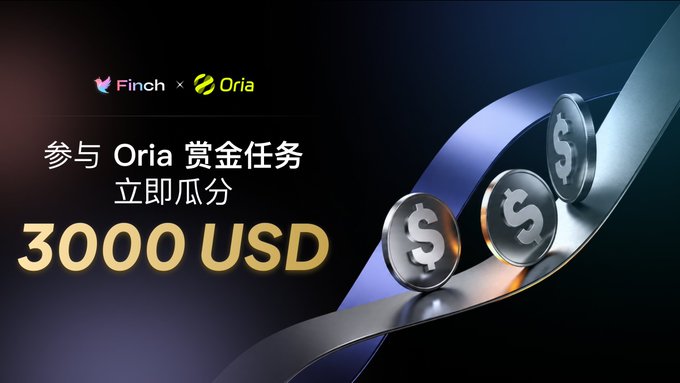 A promotional banner showing 'Finch x Oria' logos with Chinese text '参与 Oria 赏金任务 立即瓜分' offering '3000 USD' alongside graphics of dollar sign coins.