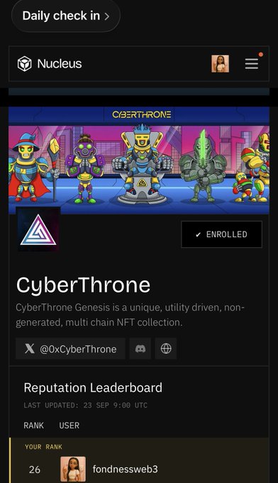 A screenshot of a Nucleus app 'Daily check in' page showing the 'CyberThrone' NFT collection ('CyberThrone Genesis is a unique, utility driven, non-generated, multi chain NFT collection') with the user 'fondnessweb3' ranked 26 on the Reputation Leaderboard.