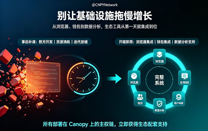 A Chinese-language promotional graphic for @CNPYNetwork titled '别让基础设施拖慢增长' (Don't let infrastructure slow down growth), contrasting slow post-launch development with a complete ecosystem of browsers, wallets, and analytics on Canopy mainnet.