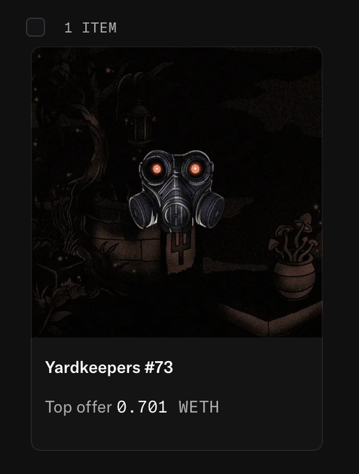 A dark fantasy illustration of a gas mask on a stick in a garden setting, labeled 'Yardkeepers #73' with a 'Top offer 0.701 WETH'.