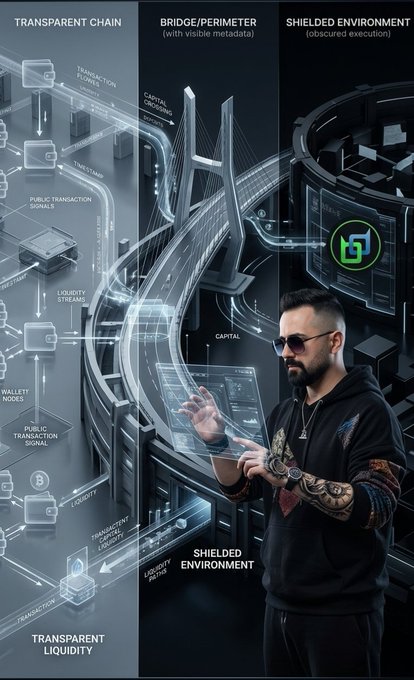 Tech infographic showing a tattooed man with sunglasses interacting with holographic displays labeled 'TRANSPARENT CHAIN,' 'BRIDGE/PERIMETER,' and 'SHIELDED ENVIRONMENT,' detailing blockchain concepts.