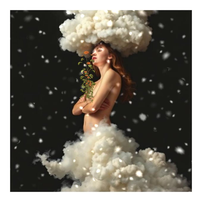 An artistic photograph depicts a woman with closed eyes surrounded by clouds, holding a small plant with an orange flower, set against a dark, snowy background.