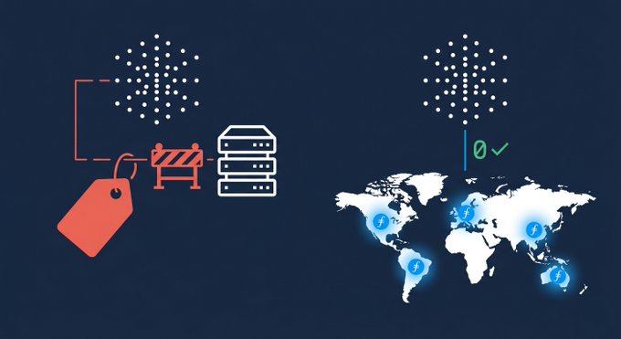 A blue world map with white dots represents the continents, and a red "X" symbolizes an obstacle or challenge to connect these regions through a network of servers.