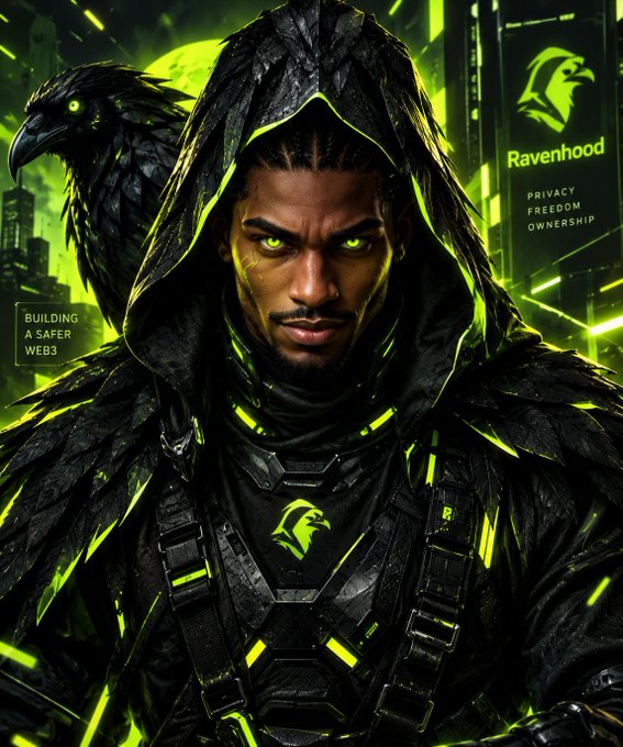 A hooded figure with glowing green eyes stands against a neon green futuristic cityscape alongside a raven, with text reading 'Ravenhood', 'PRIVACY FREEDOM OWNERSHIP', and 'BUILDING A SAFER WEB3'.
