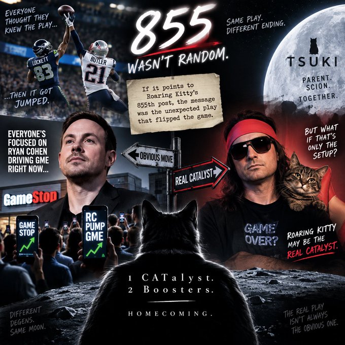 A complex conspiracy-theory style collage featuring a cat silhouette watching a moon, with images of football players, Ryan Cohen, and the 'Roaring Kitty' meme character. Text overlays include '855 WASN'T RANDOM', 'GAME STOP', 'RC PUMP GME', and '1 CATalyst. 2 Boosters. HOMECOMING.'