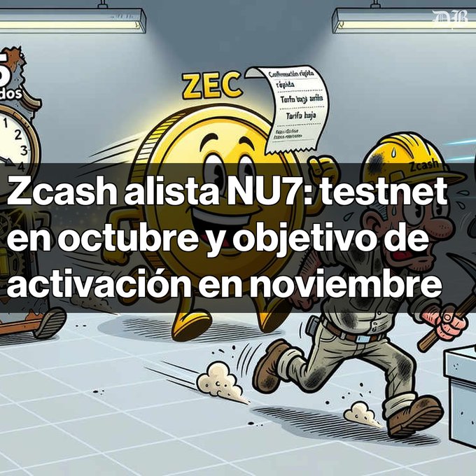 A graphic illustration with Spanish text 'Zcash alista NU7: testnet en octubre y objetivo de activación en noviembre,' featuring a smiling golden coin character labeled 'ZEC' running alongside a miner.