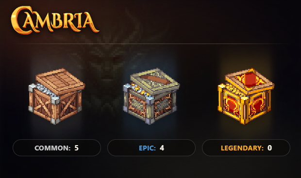 A game inventory screen titled 'CAMBRIA' displays three ornate treasure chests of increasing rarity labeled 'COMMON: 5', 'EPIC: 4', and 'LEGENDARY: 0' against a dark background.