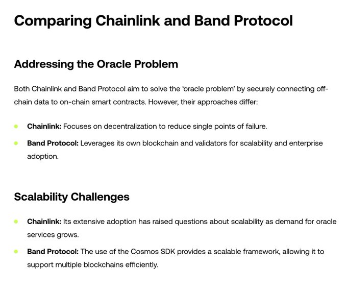 The image presents a comparison titled "Comparing Chainlink and Band Protocol," highlighting their differing approaches to addressing the oracle problem (Chainlink through decentralization, Band Protocol via its own blockchain and validators) and scalability challenges (Chainlink's scalability questioned due to demand, while Band Protocol leverages the Cosmos SDK for efficient multi-blockchain support). This directly supports the post's claim that Band scales more efficiently through the Cosmos SDK while Chainlink's scalability is in question, reinforcing the argument for Band's integration with the XRPL.
