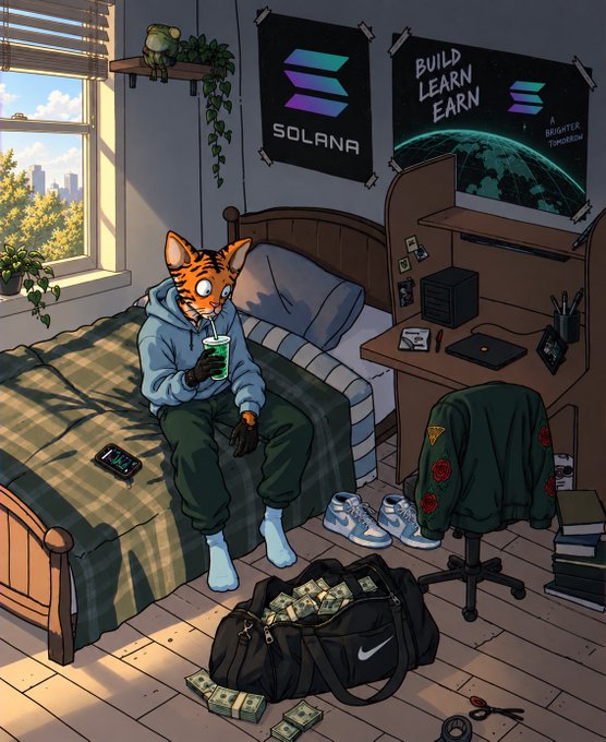 An anime-style illustration of an anthropomorphic fox in a hoodie sitting on a bed in a bedroom, drinking from a cup, with a Nike duffel bag overflowing with cash and Solana ('SOLANA', 'BUILD LEARN EARN') posters on the wall.