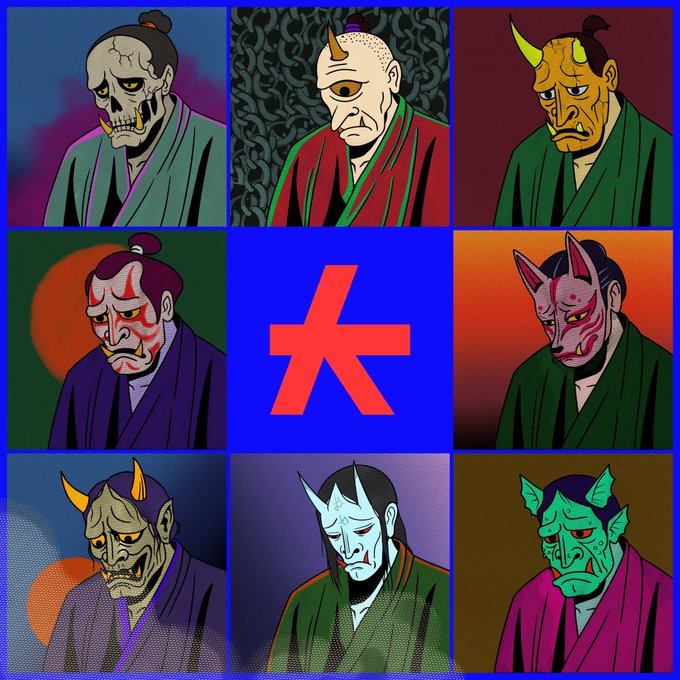 A 3x3 grid illustration featuring eight variations of Japanese demon/Hannya masks wearing kimonos in different colors, with a red Chinese/Japanese character (大) in the center.